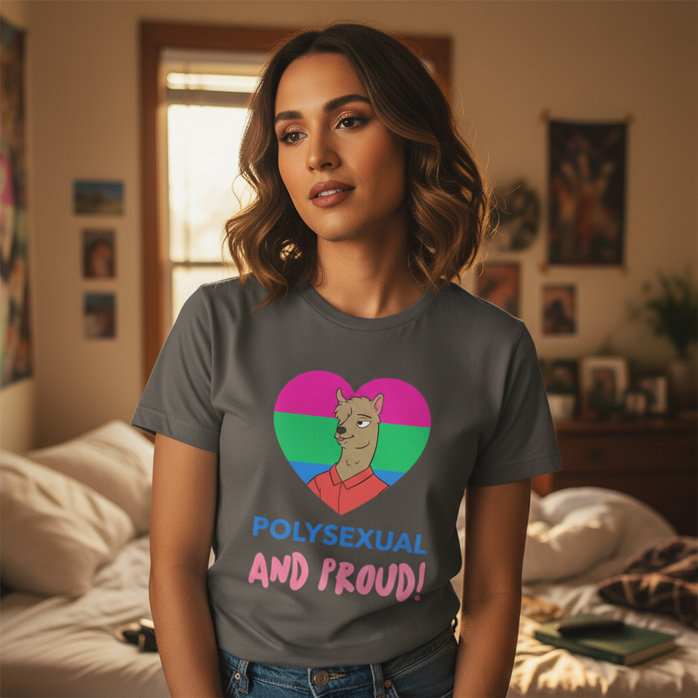 Polysexual And Proud T-Shirt with a cartoon llama in a heart of polysexual flag colors, worn by a person