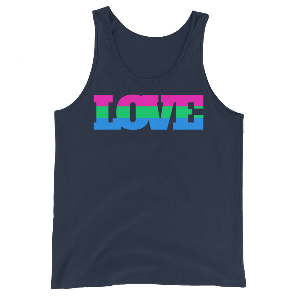Flat-lay navy tank top with large pink, green, and blue “LOVE” graphic