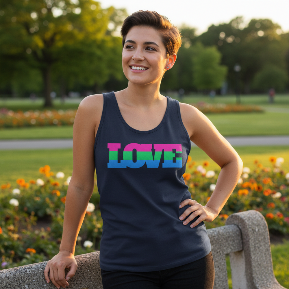 Polysexual and Proud unisex tank top with “LOVE” in polysexual flag colors, worn by a smiling queer person in a sunny park.
