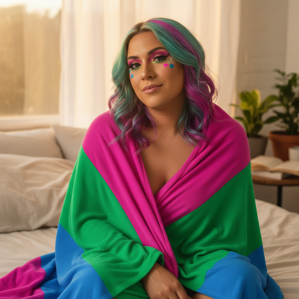 Polysexual flag throw blanket wrapped around a person with wavy teal and magenta hair, bold makeup