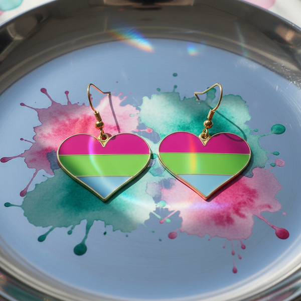 Polysexual pride heart earrings with pink, green and blue horizontal stripes on a colorful paint-splatter dish
