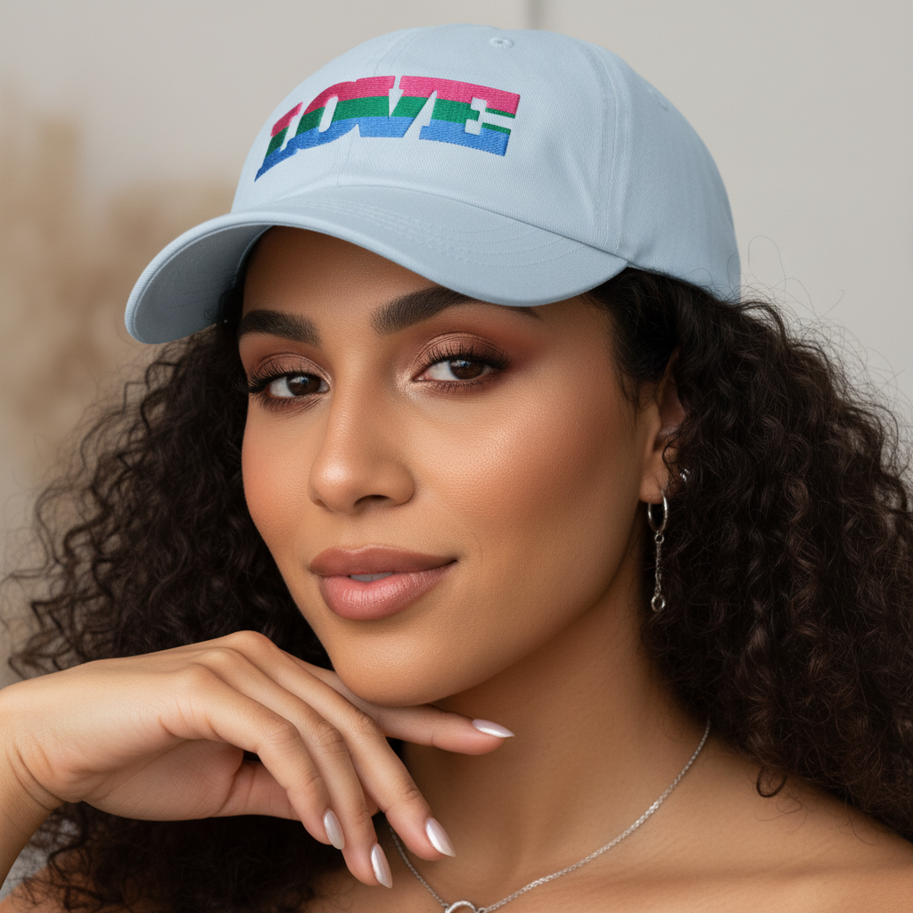 Polysexual Love Cap in pale blue with vibrant "LOVE" embroidery, worn by a curly-haired woman sporting queer femme vibes.
