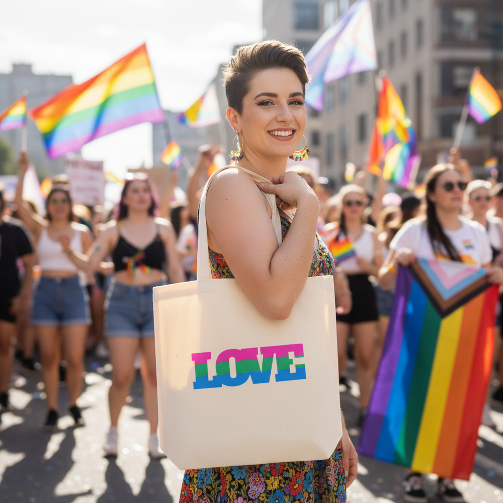 Polysexual Love Eco Tote Bag with "LOVE" in rainbow colors
