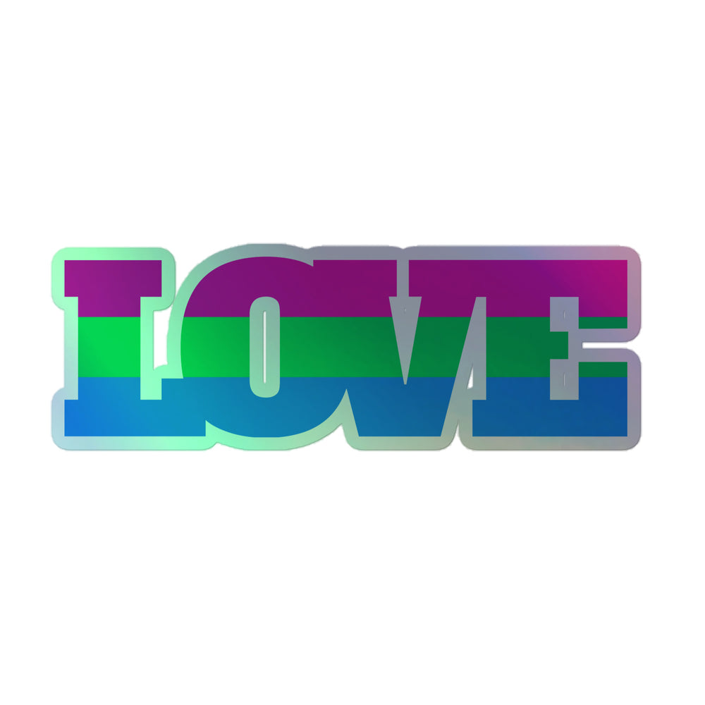Holographic sticker spelling “LOVE” in purple, green, and blue horizontal bands
