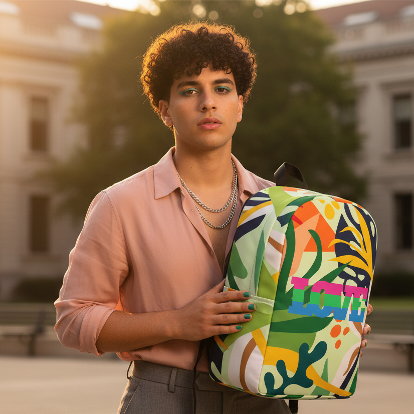 Polysexual Love Minimalist Backpack with bold multicolored "LOVE" text, held by a person in pink shirt and silver chains