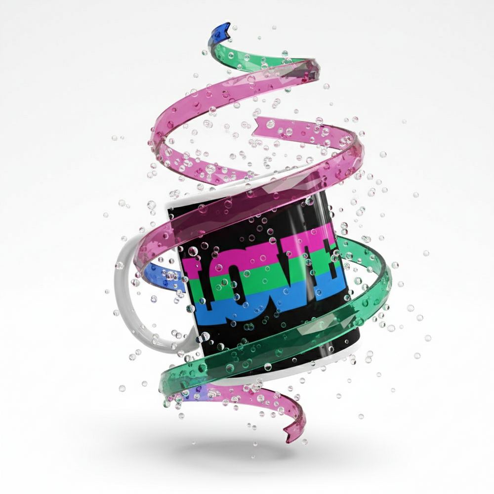 Black mug with multicolored LOVE lettering, wrapped in pink and green ribbons and bubbles