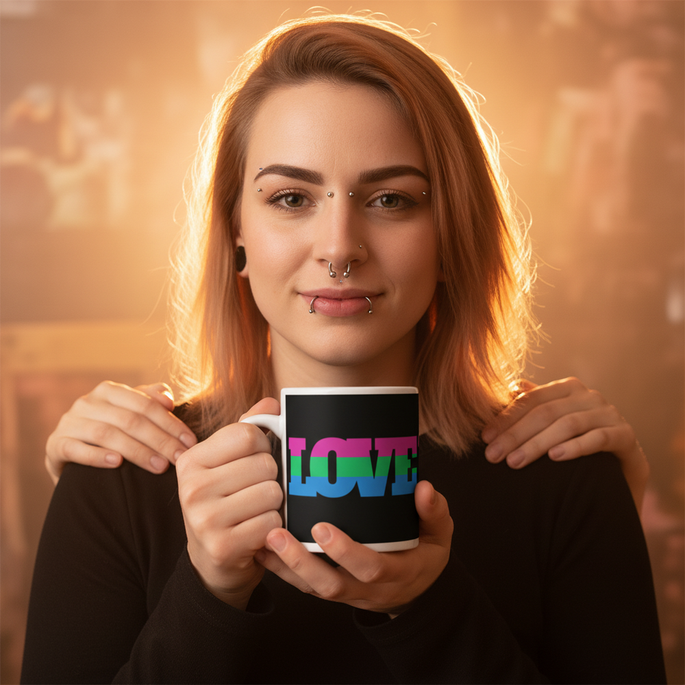 Person with facial piercings holds a black mug reading “LOVE” in pink and blue stripes