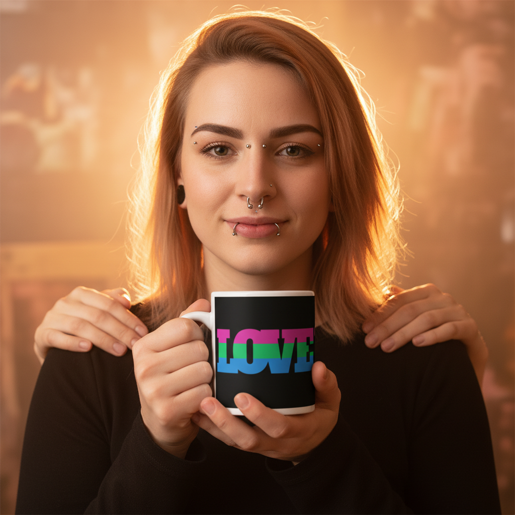 Person with facial piercings holds a black mug reading “LOVE” in pink and blue stripes