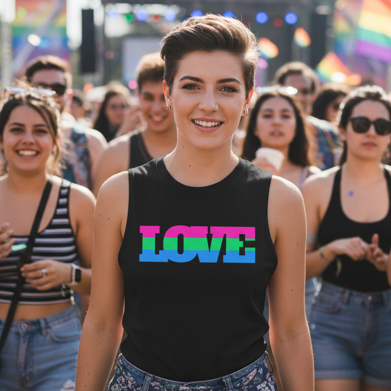 Polysexual Love Muscle Top with "LOVE" in rainbow colors