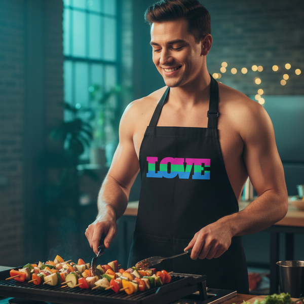 Smiling person grilling vegetable skewers while wearing a black apron with rainbow-striped “LOVE” lettering
