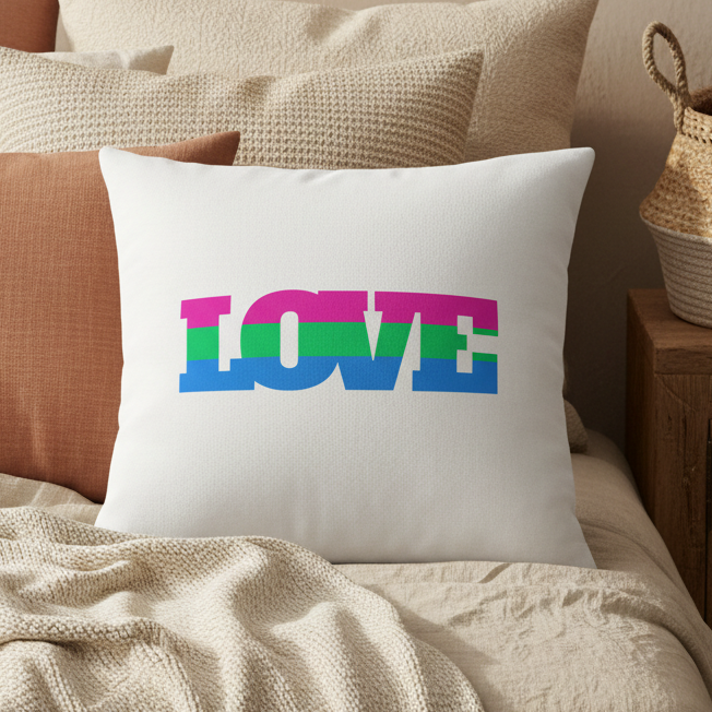 Polysexual Love Pillow with bold all-caps "LOVE" in blue, green