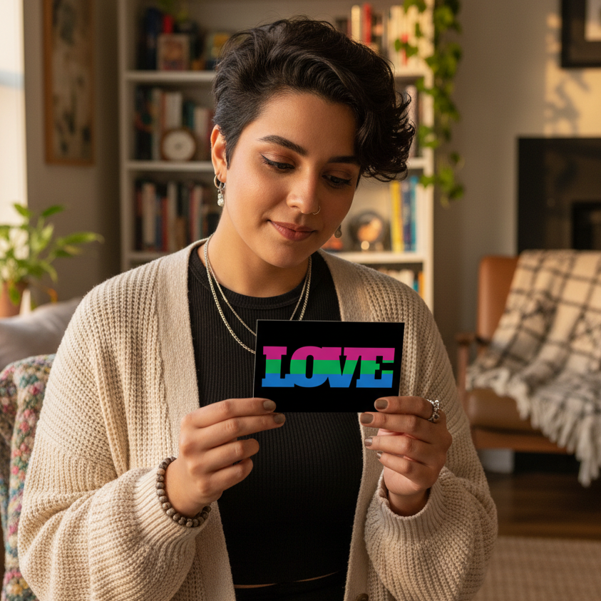 Polysexual Love Postcard with bold, rainbow "LOVE" held by a short-haired person, cozy living room, plants, bookshelves