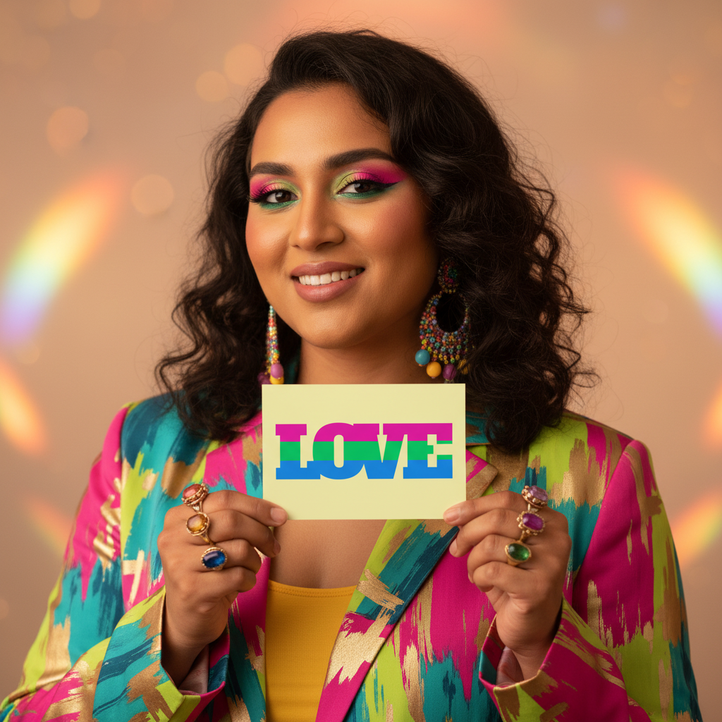Polysexual Love Postcard with "LOVE" in big blue letters on yellow and pink stripes