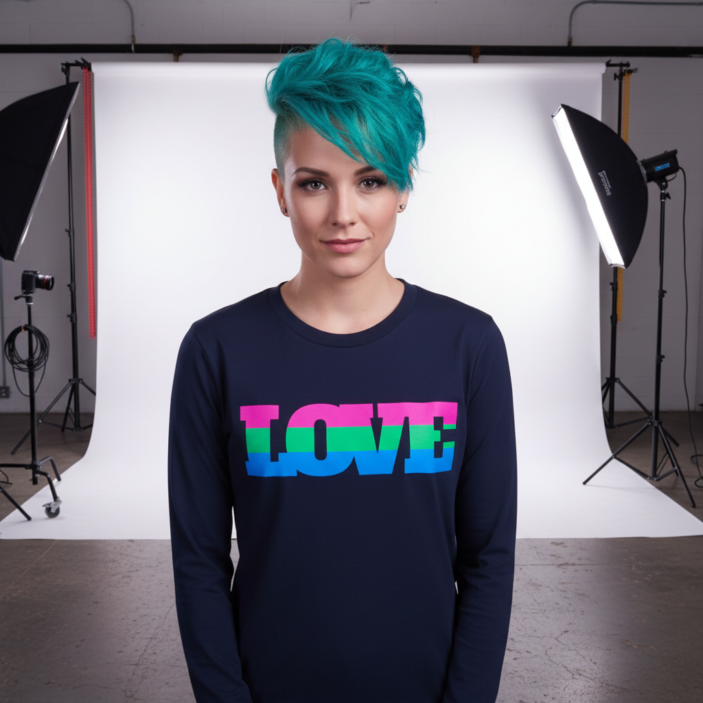Front-facing model in a navy long-sleeve shirt with multicolor striped LOVE lettering
