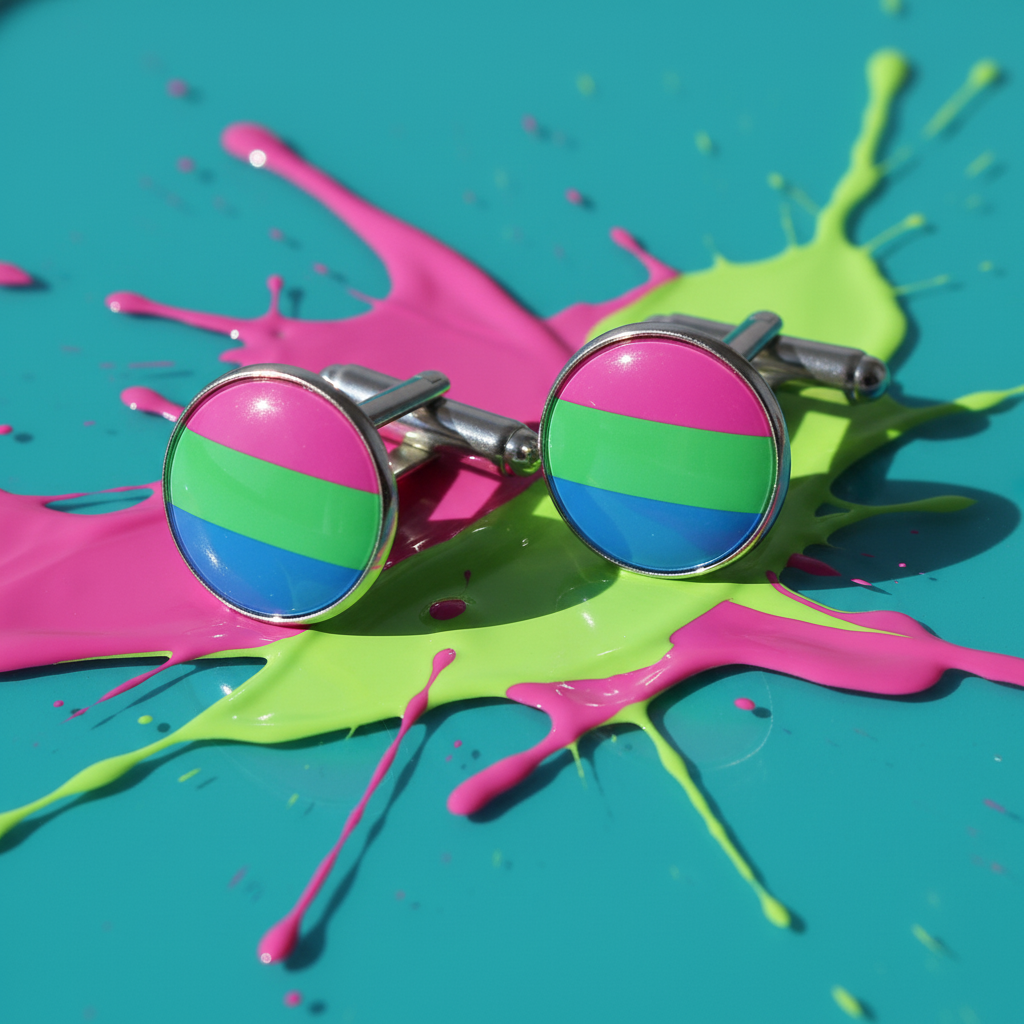 Pair of round polysexual pride cufflinks on bright pink and green paint splashes