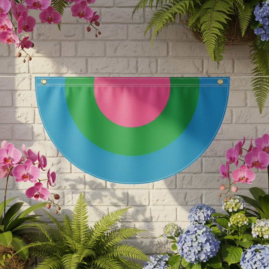 Polysexual pride bunting with pink and green semicircles on blue hangs against a brick wall