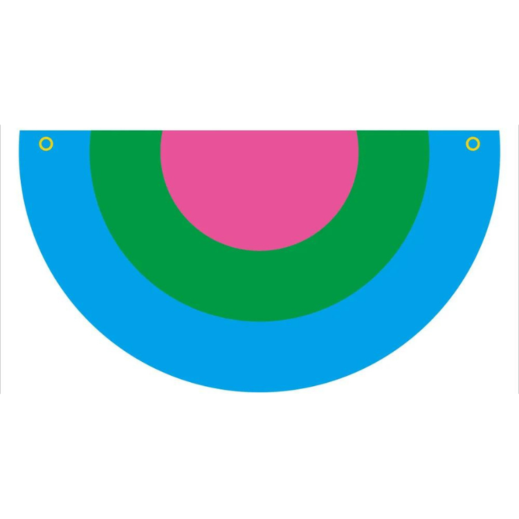 Close-up of a curved polysexual pride bunting flag with blue, green, and pink bands