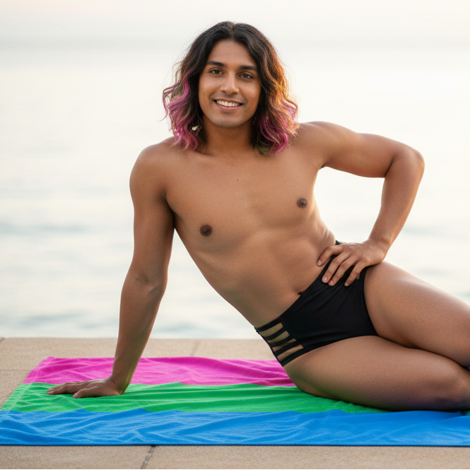Polysexual Pride Flag towel, blue/green/pink stripes, under person in black swimwear, brown hair with pink tips, waterside
