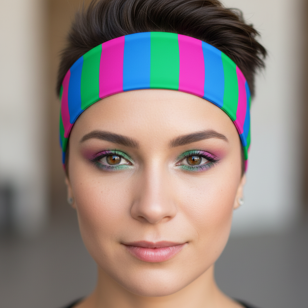 Polysexual Pride headband in bold pink, green, and blue stripes worn