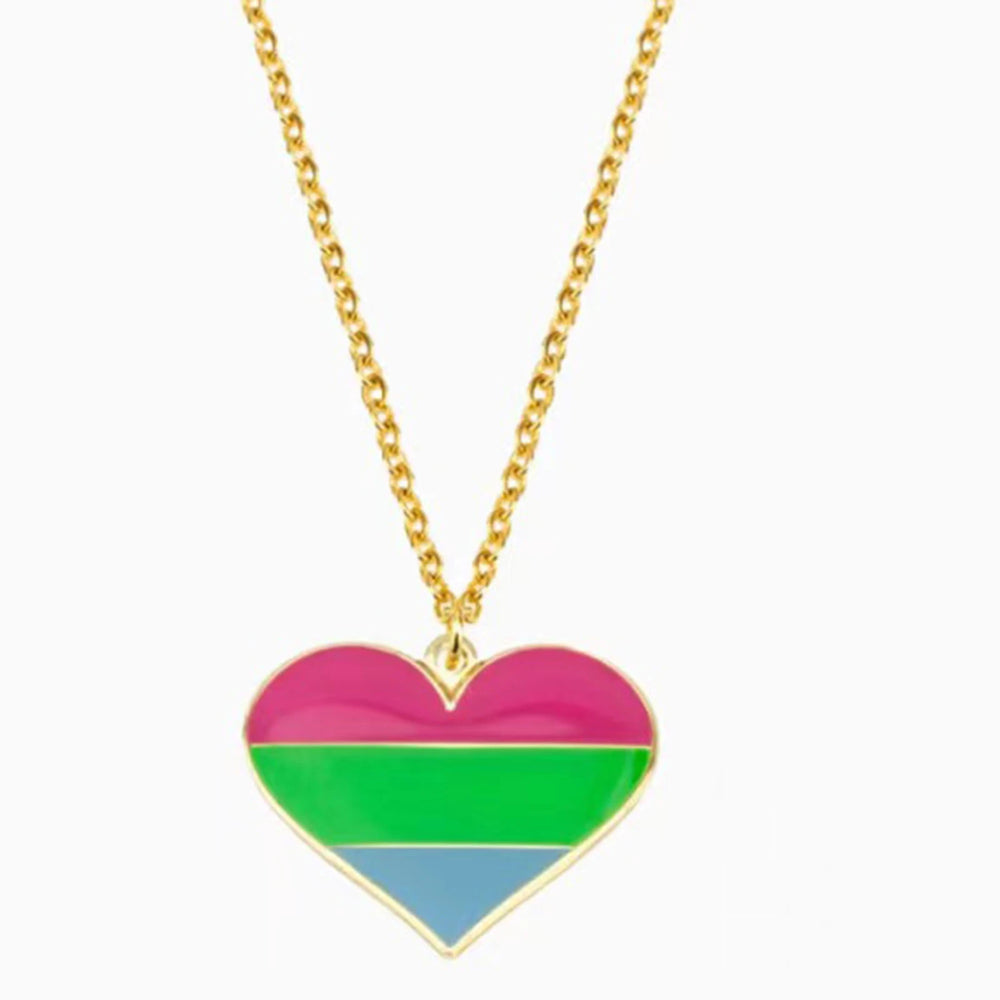 Gold chain necklace with a heart pendant in pink, green, and blue horizontal bands