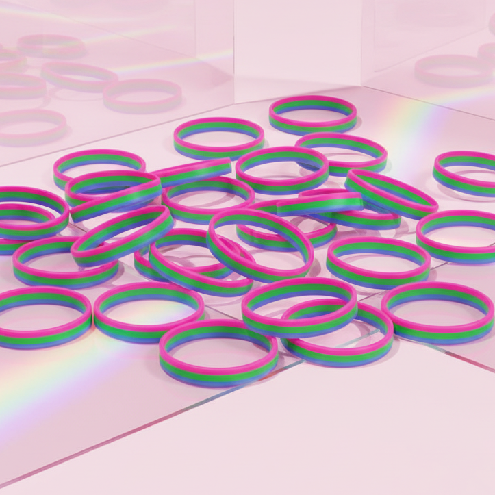 Scattered pink, green, and blue rubber wristbands on a reflective pink surface