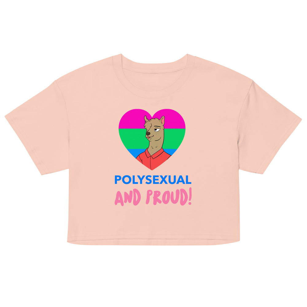 Front-facing peach crop top reading “POLYSEXUAL AND PROUD!” with a llama in a pink, green, and blue heart