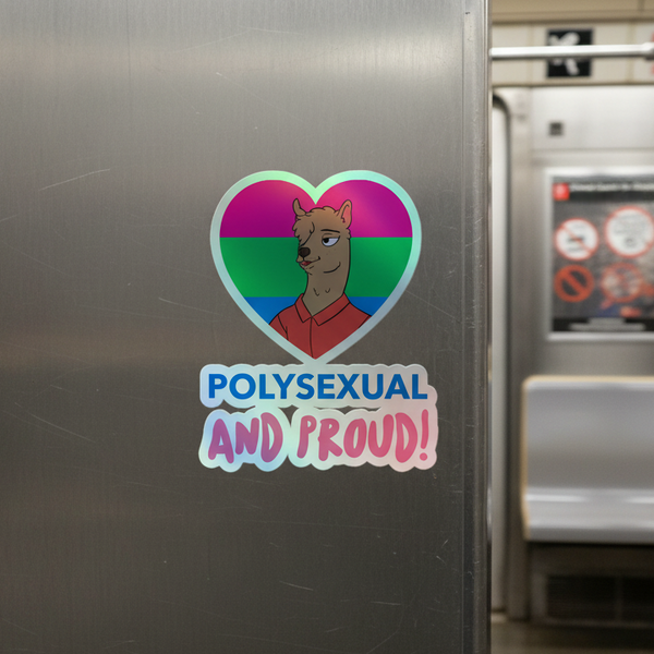 Heart-shaped holographic vinyl sticker featuring the polysexual pride flag, a llama in a red shirt