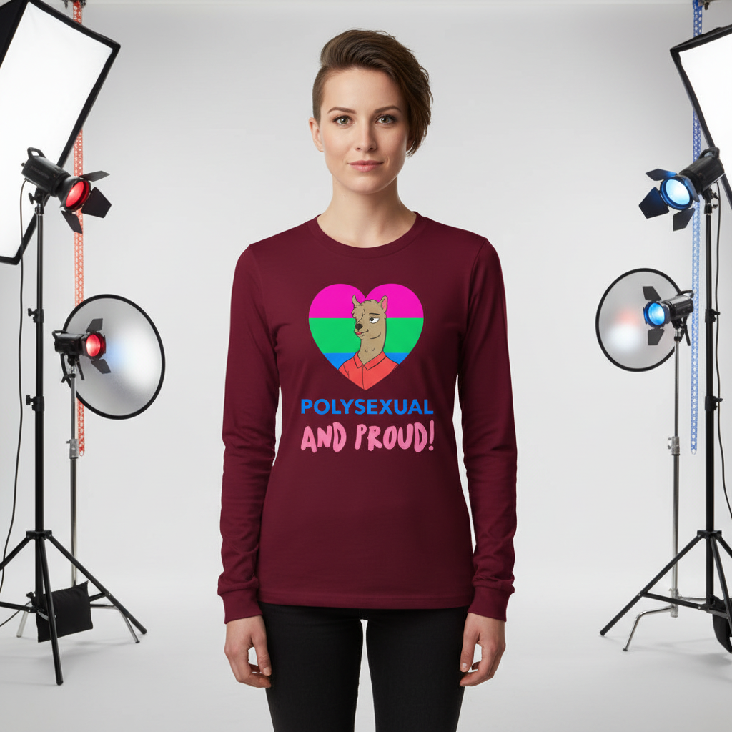 Front-facing model wears a burgundy long-sleeve shirt reading “POLYSEXUAL AND PROUD!”