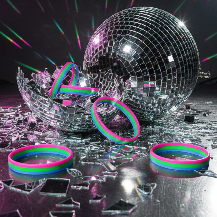 Polysexual Pride rubber wristbands arranged around a broken disco ball