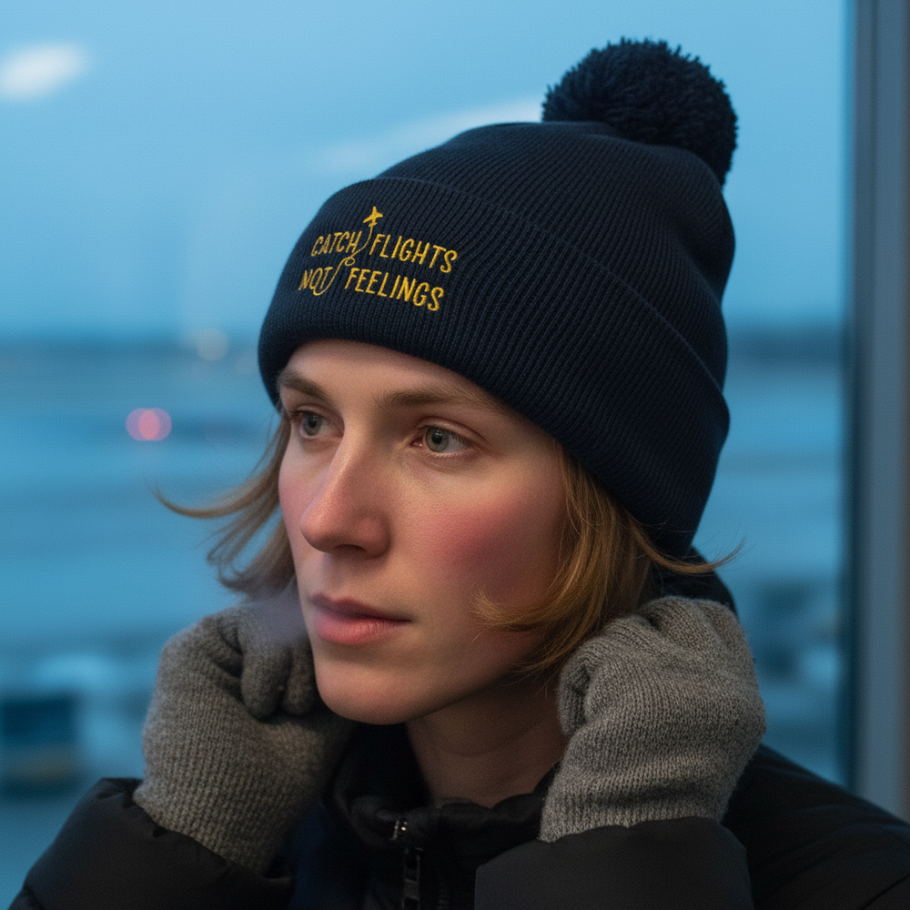 Close-up of a person wearing a black pom-pom beanie embroidered “Catch Flights Not Feelings”