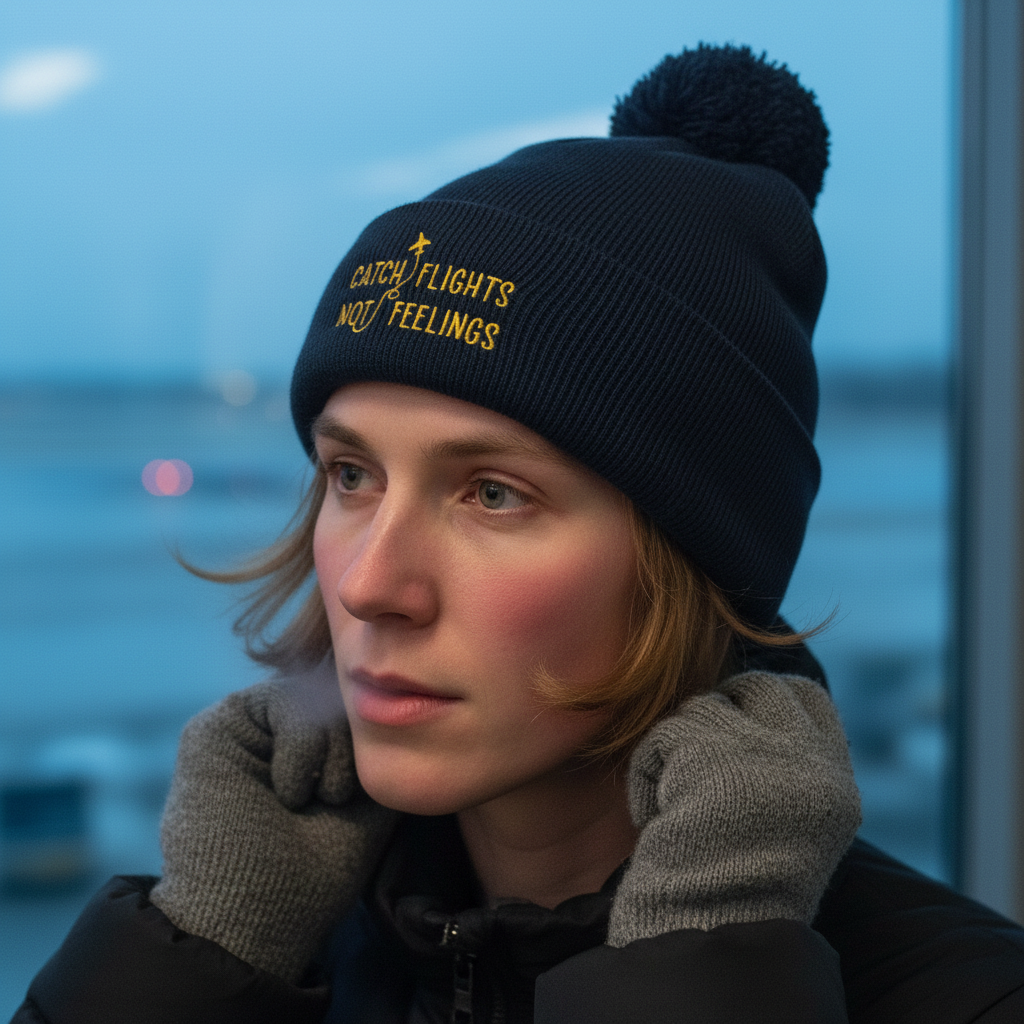Catch Flights Not Feelings Pom-Pom Beanie, worn by a fair-skinned person with short light brown hair, paired with gray gloves, as they look out at a dusk-lit airport through the window.