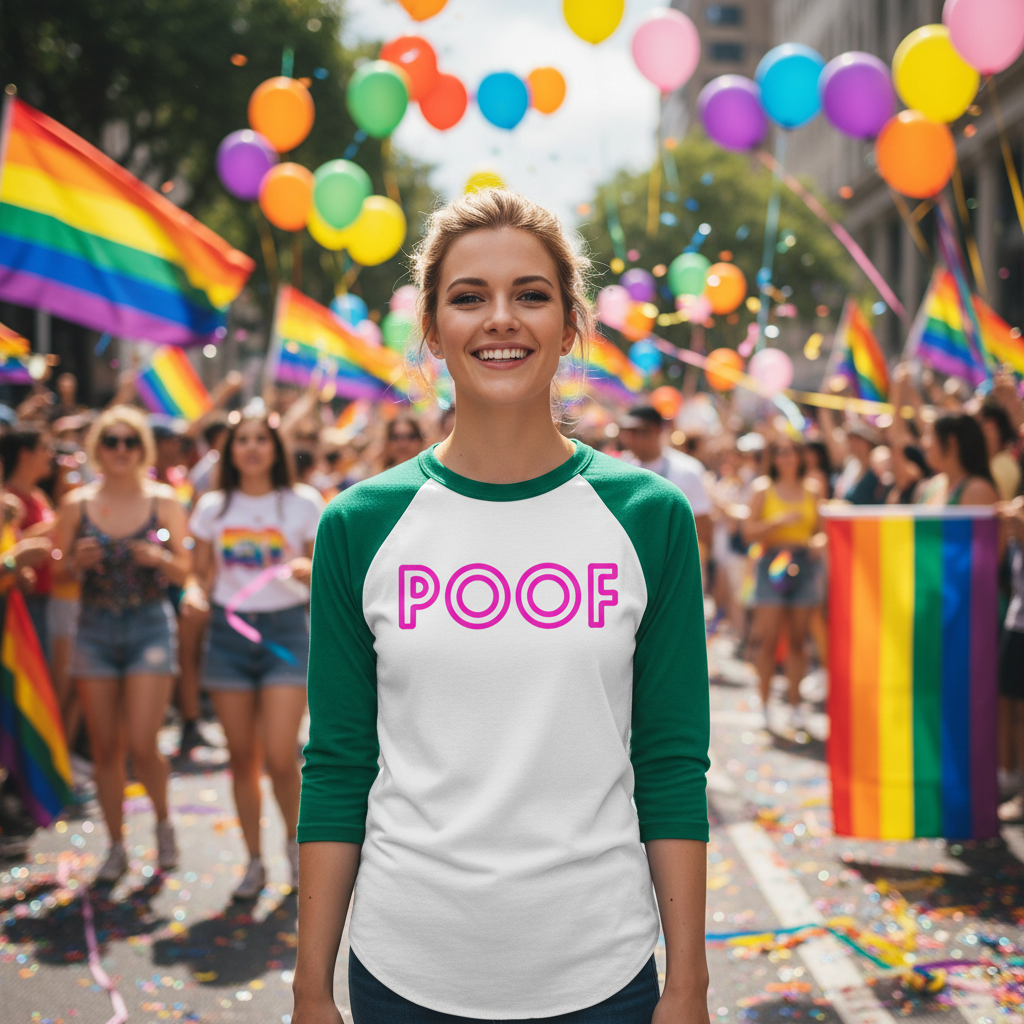 Poof 3/4 Sleeve Raglan Shirt on a smiling person at Pride, rainbow flags waving, confetti flying