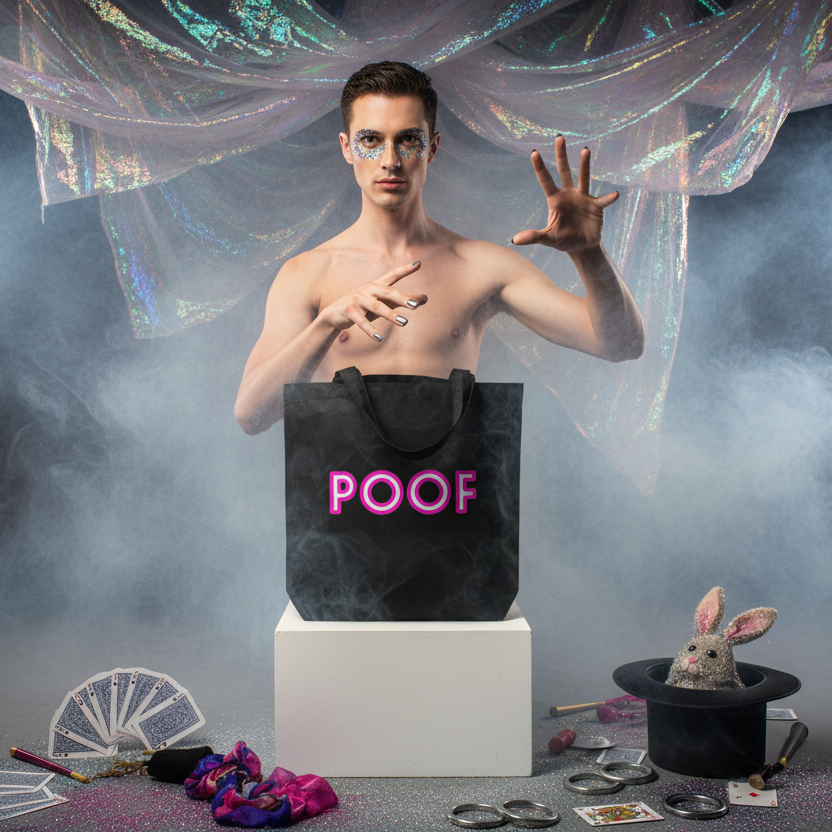 Poof Eco Tote Bag in front of shirtless magician with sparkly makeup, painted nails