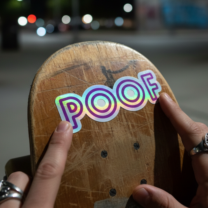 A Poof holographic sticker is pressed onto a scuffed skateboard deck at night by ring-adorned hands