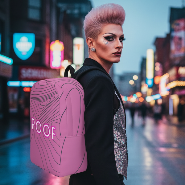 Poof Minimalist Backpack in bold pink worn by a platinum-blonde queer with dramatic makeup and a sequined top at dusk
