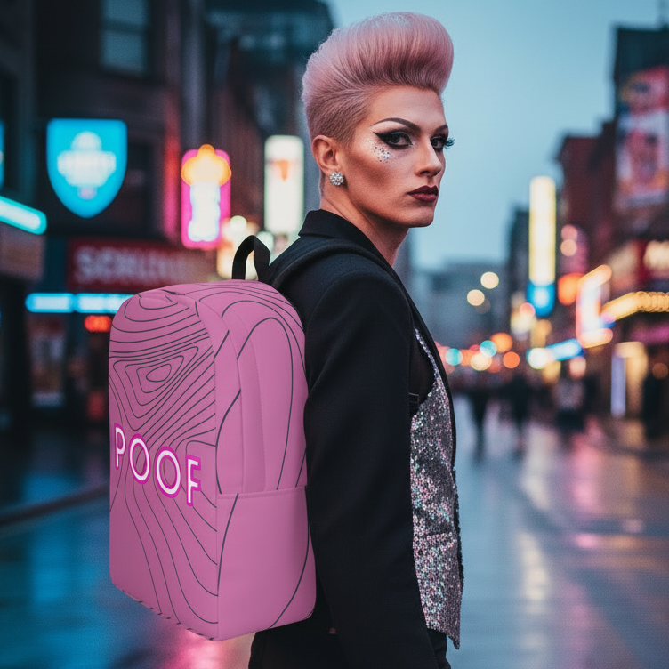 Poof Minimalist Backpack in bold pink worn by a platinum-blonde queer with dramatic makeup and a sequined top at dusk