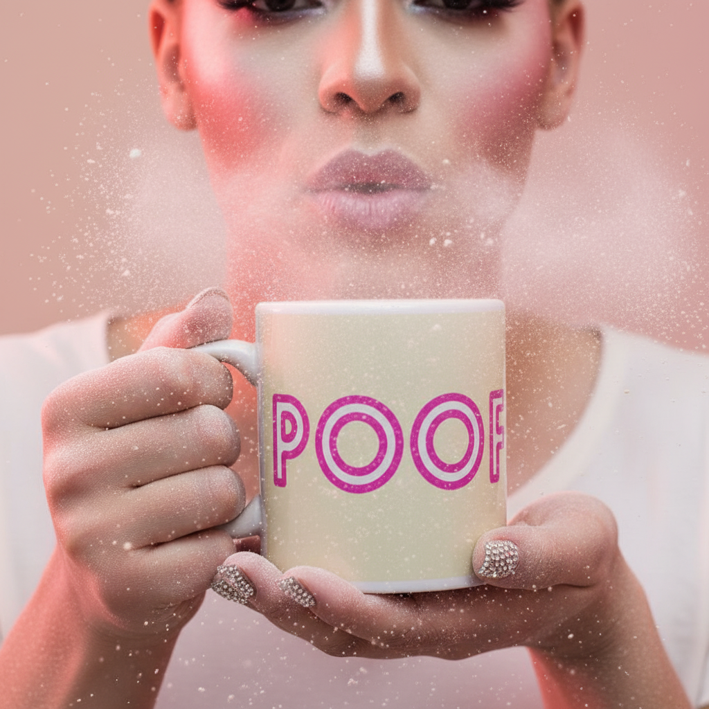 Person holds a white mug reading “POOF,” with glittery nails and powder-like specks