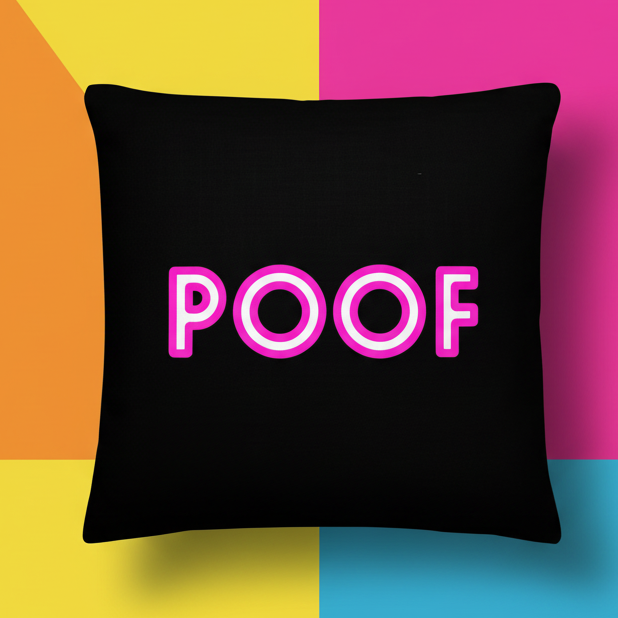 Black square Poof Pillow with “POOF” in bold white and pink letters, centered on a bright geometric background of orange