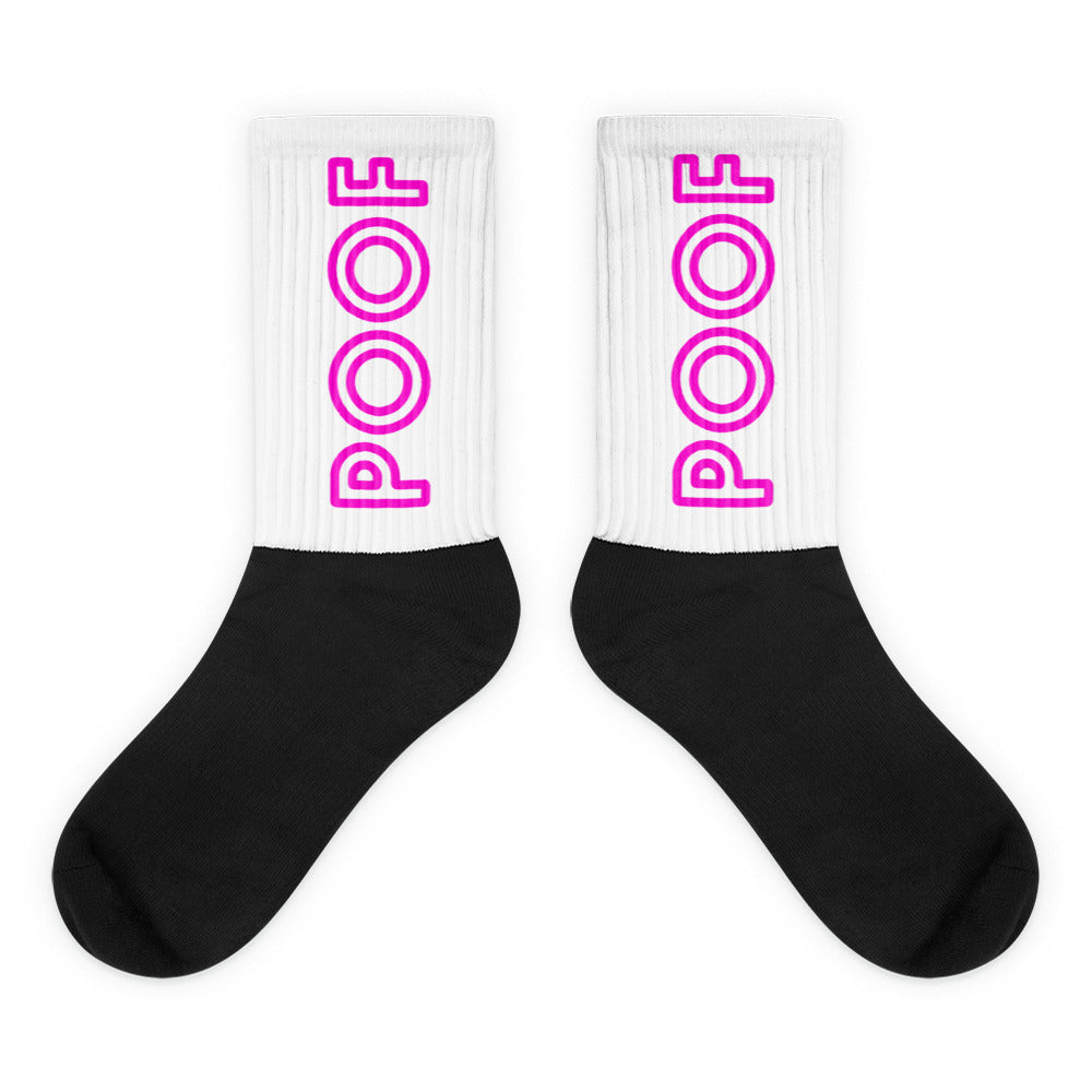 Pair of black-and-white crew socks with pink vertical “POOF” lettering