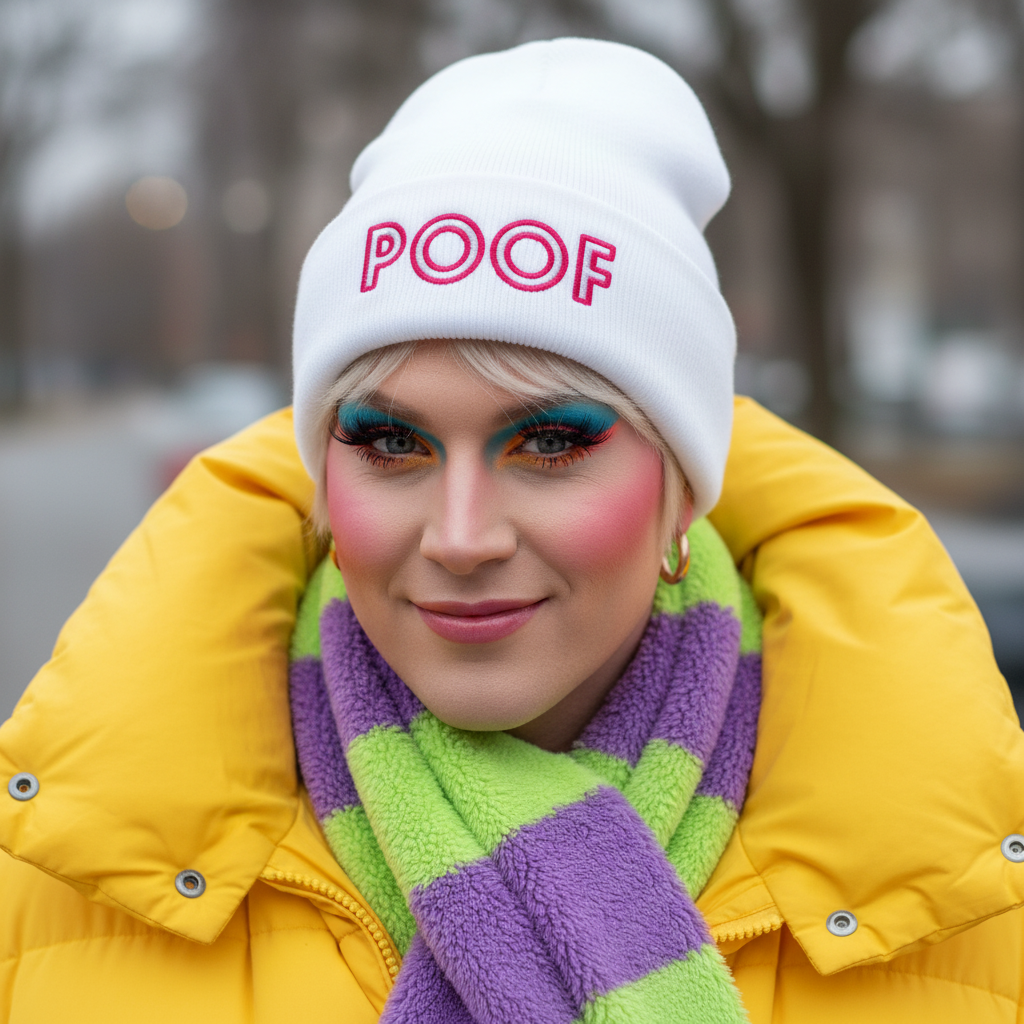 Poof Cuffed Beanie with "POOF" in pink lettering, worn by a bold-makeup babe in a yellow puffer and striped scarf
