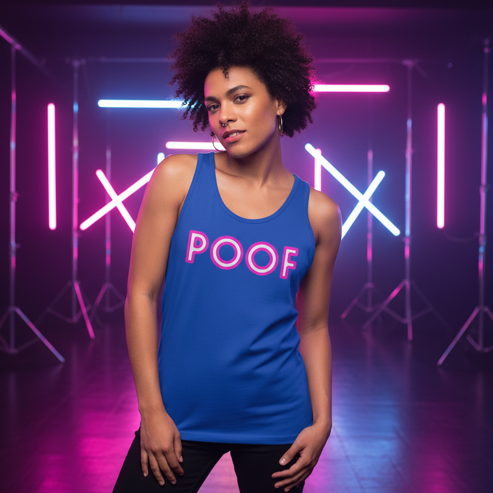 Poof Unisex Tank Top in blue with bold pink "POOF" text, worn by a curly-haired woman in neon-lit queer club vibes.