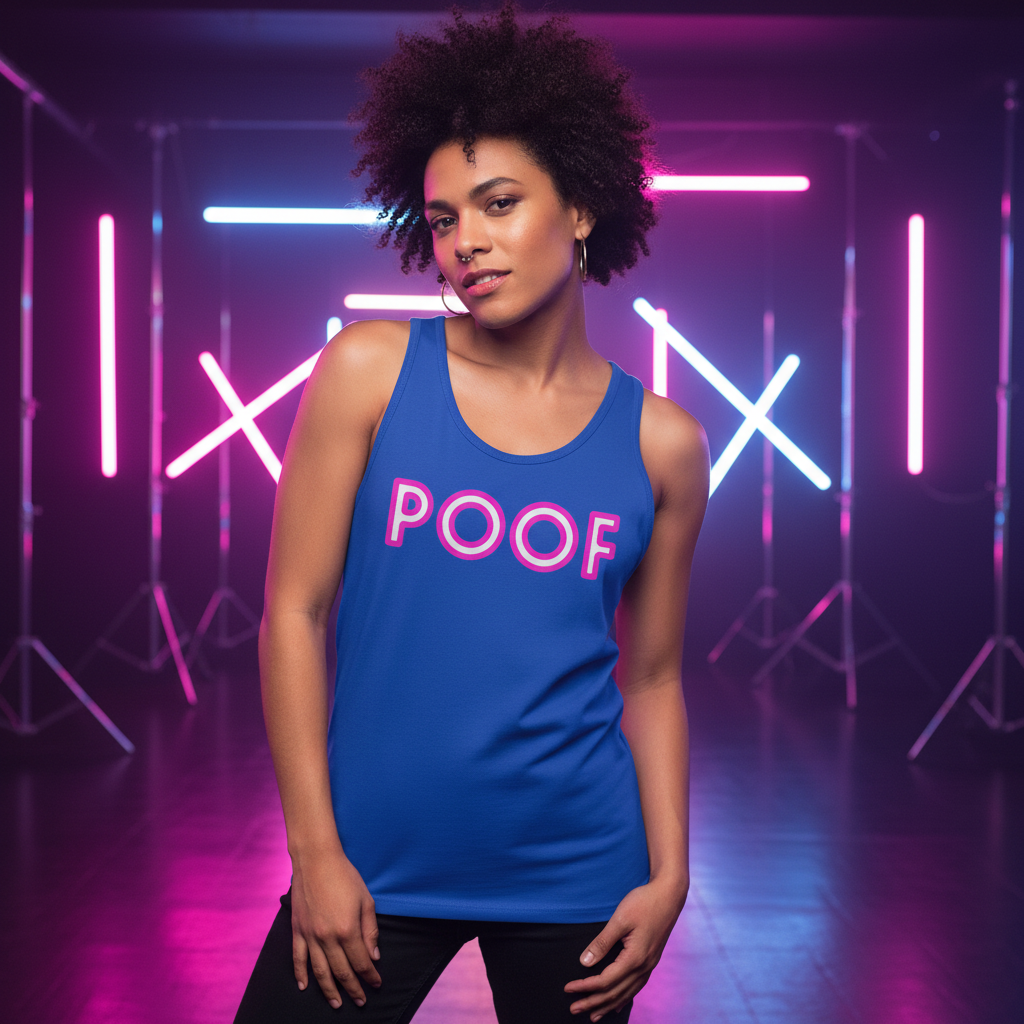 Poof Unisex Tank Top in blue with bold pink "POOF" text, worn by a curly-haired woman in neon-lit queer club vibes.