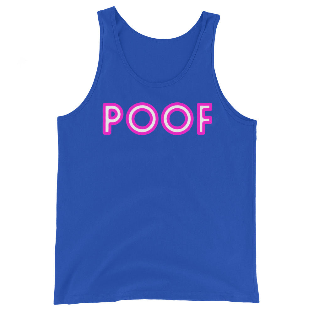 Front view of a royal-blue tank top with pink-and-white “POOF” lettering