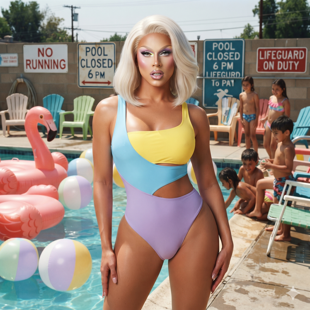 Front-facing model in a pastel color-block one-piece swimsuit beside a pool