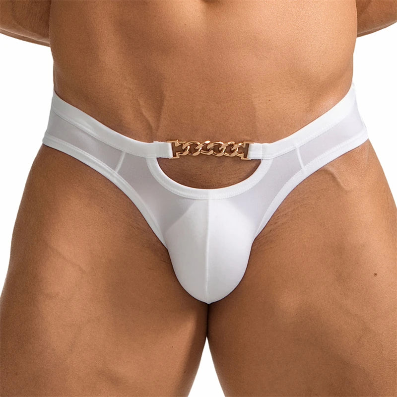 Front close-up of a model wearing white briefs with a gold chain waist cutout