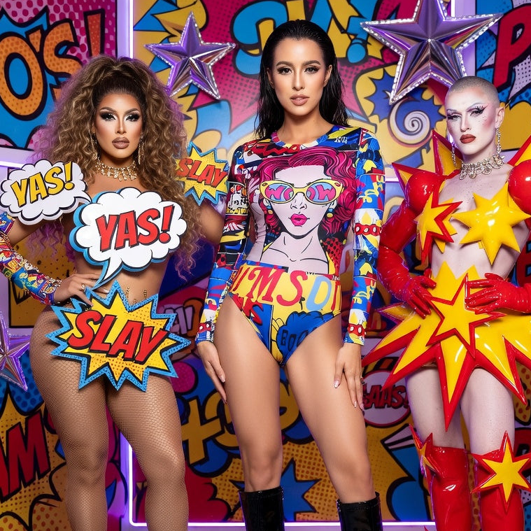 Three performers pose in comic-book outfits; the center model wears a pop art rashguard swimsuit.