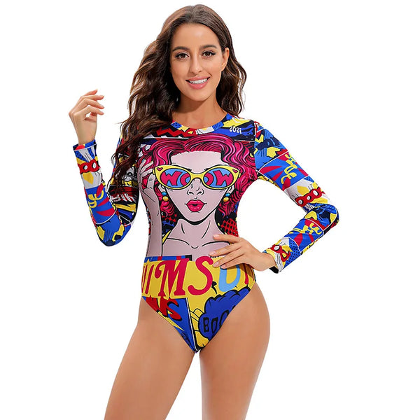 Front-facing model wearing a colorful long-sleeve pop art rashguard swimsuit