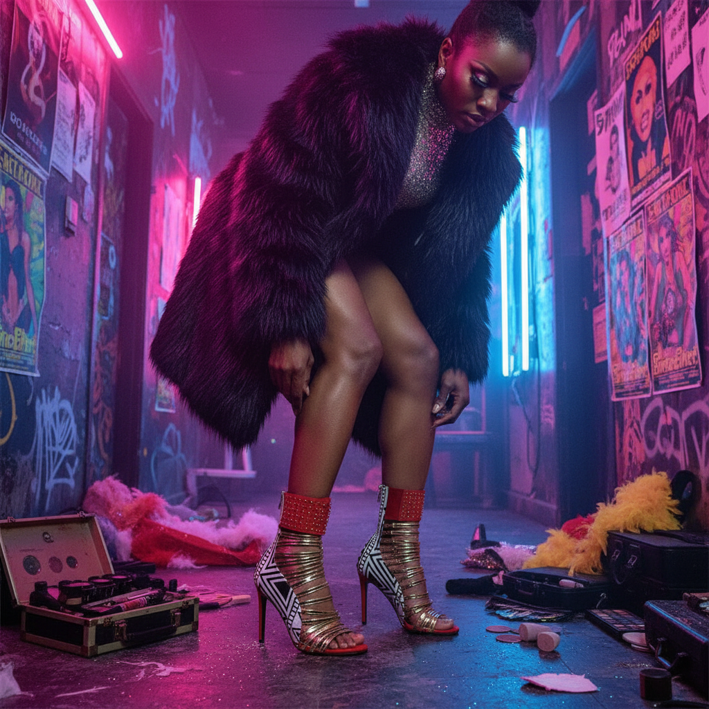 Pop Gladiator Metallic Heels on a femme in fur and sparkles, serving looks in a neon