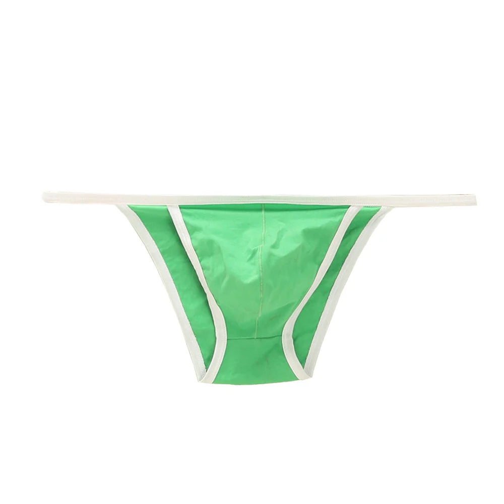 Front-facing green men's thong with white trim, laid flat on a white background