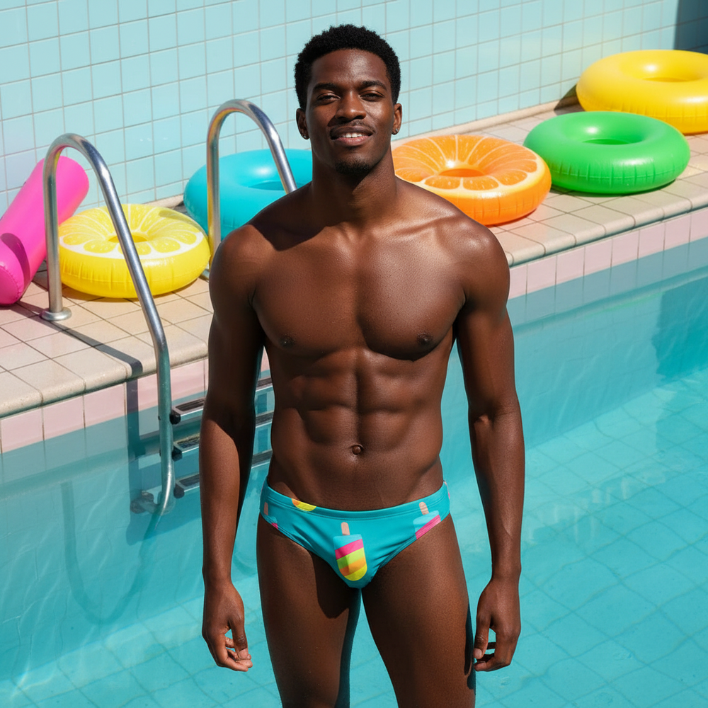 Popsicles Creamy Boy Swim Briefs in bold, pride-inspired colors worn